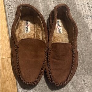Minnetonka Brown Suede Shearling-Lined Moccasin Slippers
